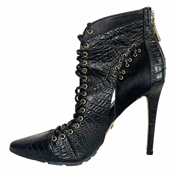 BENETTA Bebe Black Leather Calf Hair Cutout Pointy ToeStiletto Heel Ankle Bootie - Picture 5 of 9